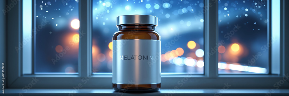 A container with the inscription melatonin on the windowsill at night
