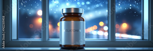 A container with the inscription melatonin on the windowsill at night