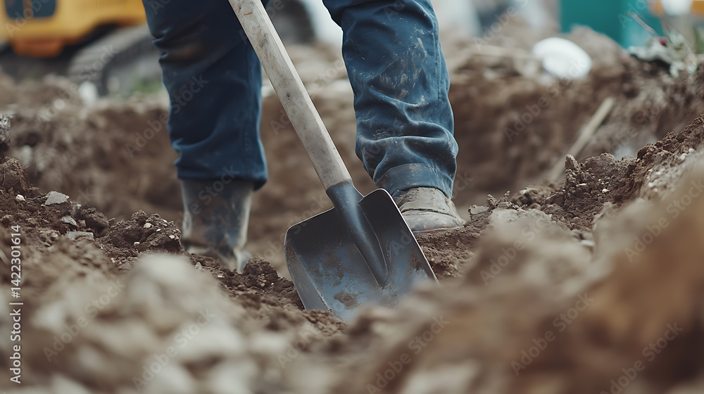 Fototapeta premium Person Digging with Shovel in Construction Site