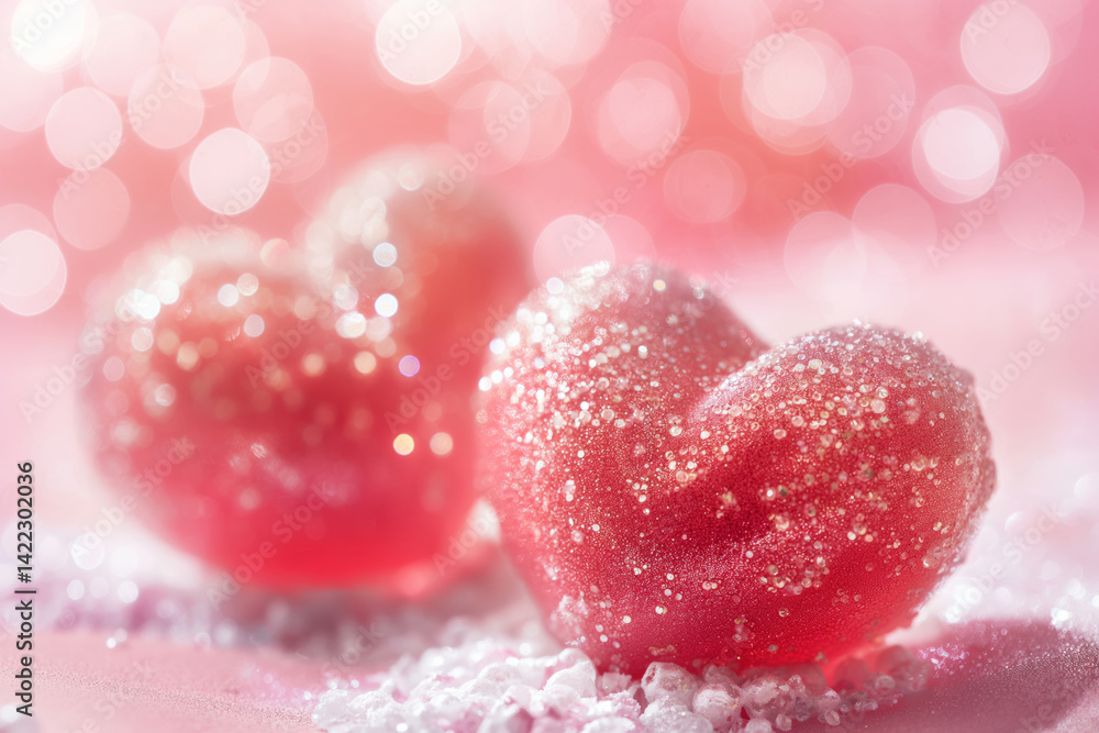 Fototapeta premium Two red heart-shaped candies with sugar crystals on pink background. Valentine's Day concept. 