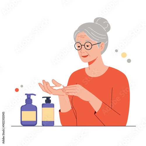 Senior woman applying moisturizer with skincare products on table  