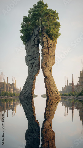 Industrial Monument: Nature's Resilience in the Face of Steel and Smoke.  A powerful juxtaposition of weathered, ancient-looking stone formations standing tall against a hazy industrial skyline,