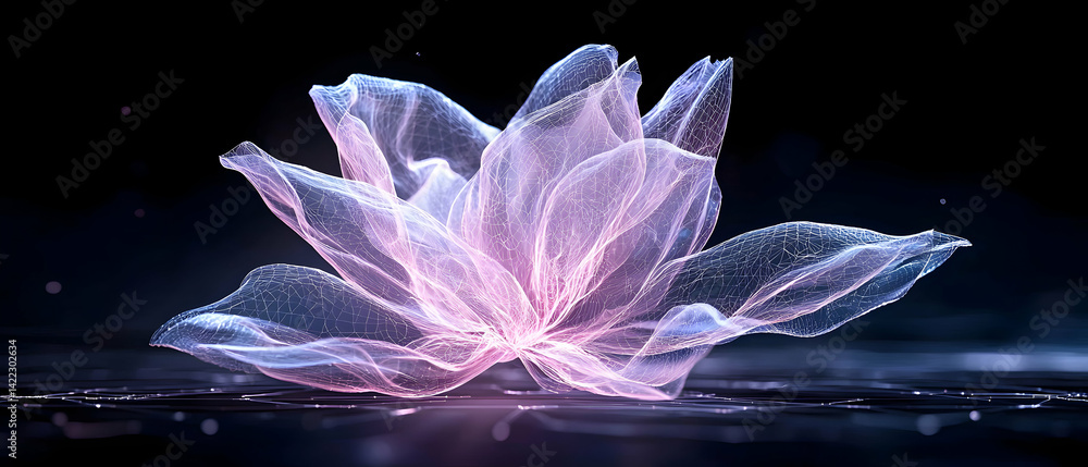 Fototapeta premium A luminous digital flower blooms with translucent petals and an ethereal glow perfect for elegant designs. Use it for web backgrounds or spiritual themes.