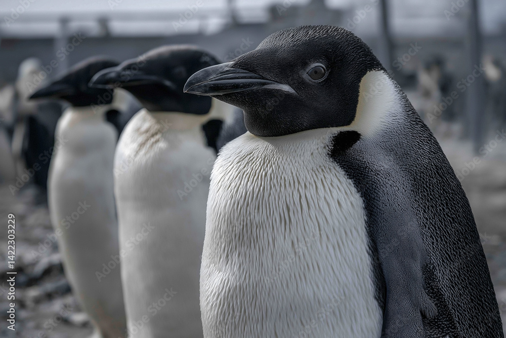 Naklejka premium Antarctic Expedition: Majestic Adélie Penguins in Close Formation, Wildlife Photography, Birdlife, Polar Regions, Conservation