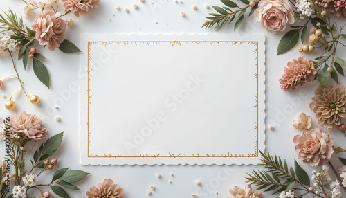 Elegant postcard with a gold frame and floral arrangement on a soft white background