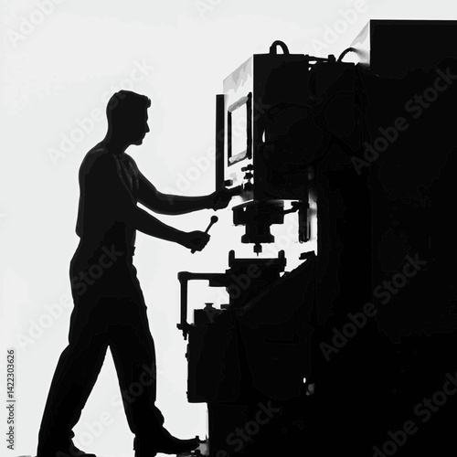 Silhouette of a man operating a large industrial machine with focused intensity. High contrast, strong backlighting.
