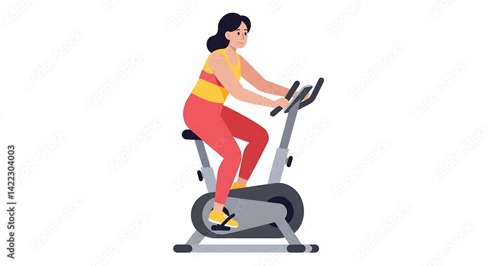Fototapeta premium Illustration of woman doing cardio workout on stationary bicycle at the gym