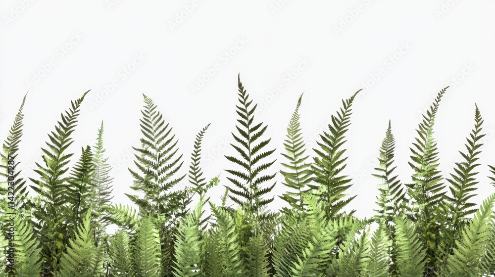 Obraz premium Lush Green Ferns Against a Pristine White Backdrop Capturing the Essence of Nature with a Low Angle and Minimalist Style Perfect for Botanical Themes