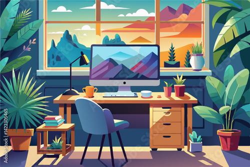 vector of A stylish desk arrangement with a desktop computer that showcases a mountain view surrounded by indoor plants creates a calm and inspiring workspace by...