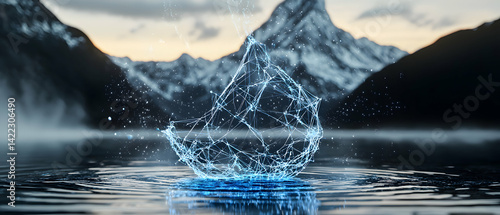 An ethereal image depicts a water droplet composed of glowing lines floating above a lake. Mountains are in the backdrop. Suggests concepts of technology water and nature.