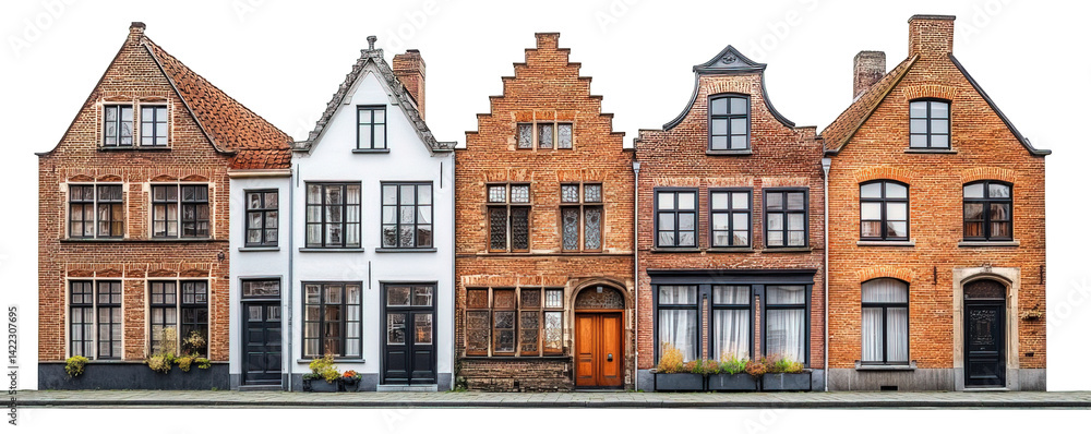 Fototapeta premium Row of classic European brick houses, isolated on transparent background, generative ai