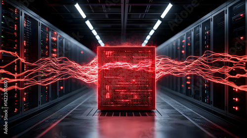 This image shows a server room with a glowing red data center cabinet and energy streams. It suggests high-speed data processing and digital transformation.