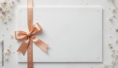 The elegant postcard is tied with a satin ribbon bow on a delicate floral background