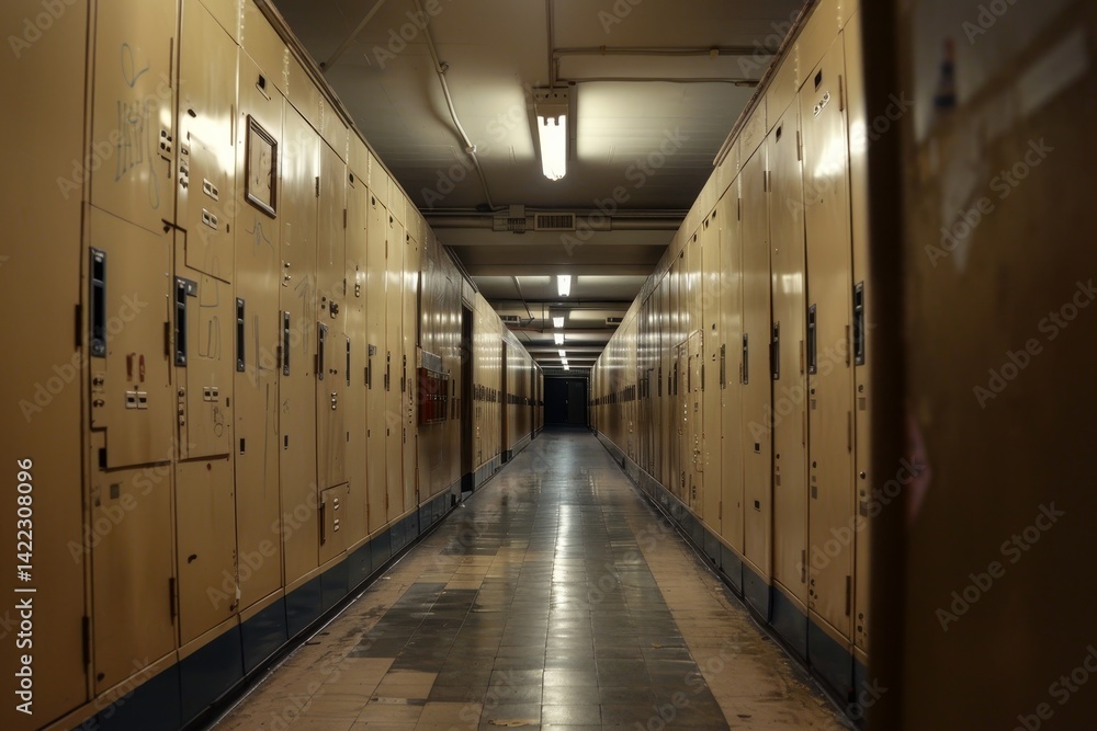 Obraz premium An empty school hallway with blue lockers on one side and tiled walls on the other. The floor is wet and reflective, The faint sound of lockers slamming shut echoes down the long corridor