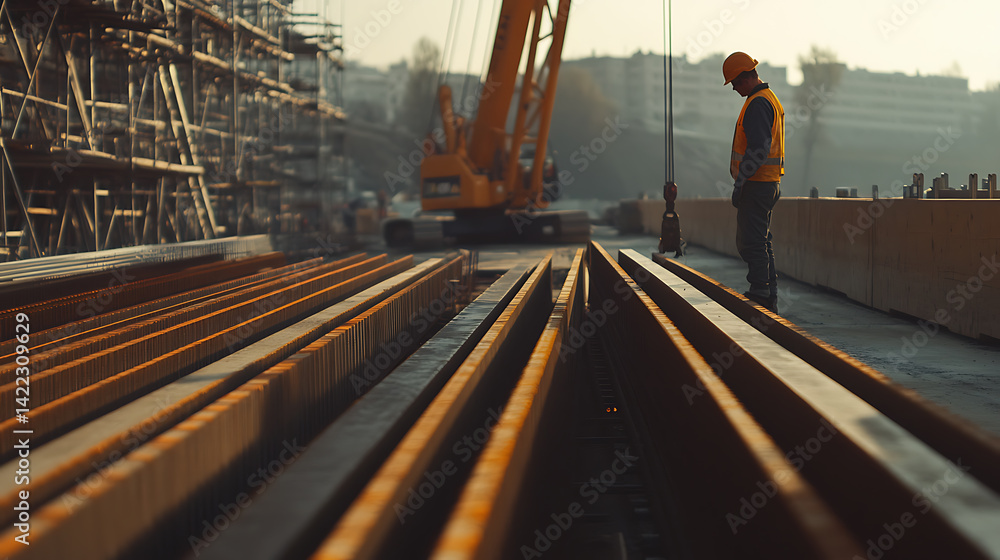 Construction Worker Inspecting Steel Beams at Sunset Construction Worker Inspecting Steel Beams at Sunset