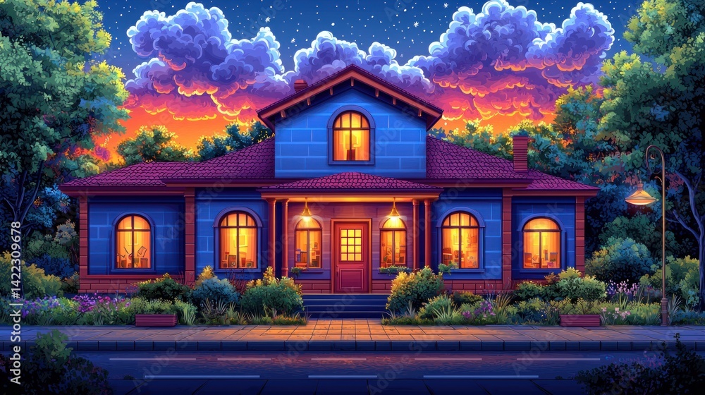 Fototapeta premium Serene Suburban Sunset: A Cozy House bathed in the Warm Glow of Twilight
