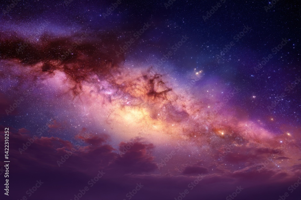 Captivating Milky Way Galaxy Shines Brightly Over Soft Clouds in a Night Sky with Vibrant Purple and Blue Colors Captivating Milky Way Galaxy Shines Brightly Over Soft Clouds in a Night Sky with Vibrant Purple and Blue Colors