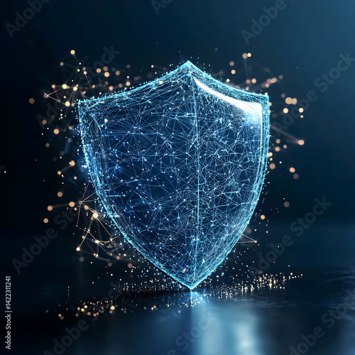 A digital security shield glows. It represents data protection. Ideal for cybersecurity companies or tech presentations related to defense against threats.