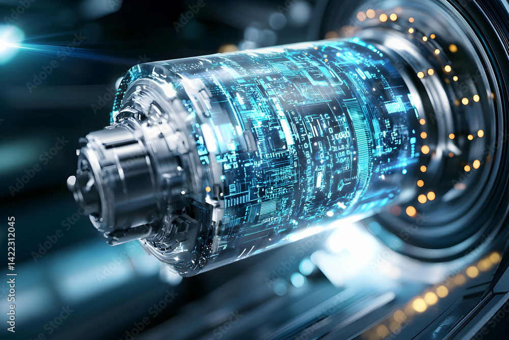 Fototapeta premium Futuristic cylindrical device with glowing blue circuitry and metallic components suggesting advanced technology or energy storage. Possible application in electric vehicles or power systems.