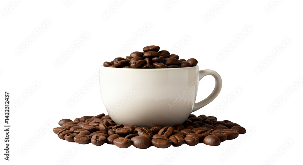 Coffee beans overflowing from a white cup against a dark background. Coffee beans overflowing from a white cup against a dark background.