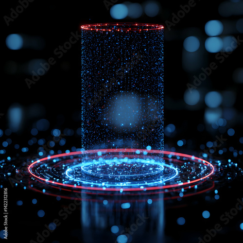 A futuristic digital display with glowing lights and a cylindrical data stream. Ideal for tech presentations or science fiction visuals. Represents data processing or technological innovation.