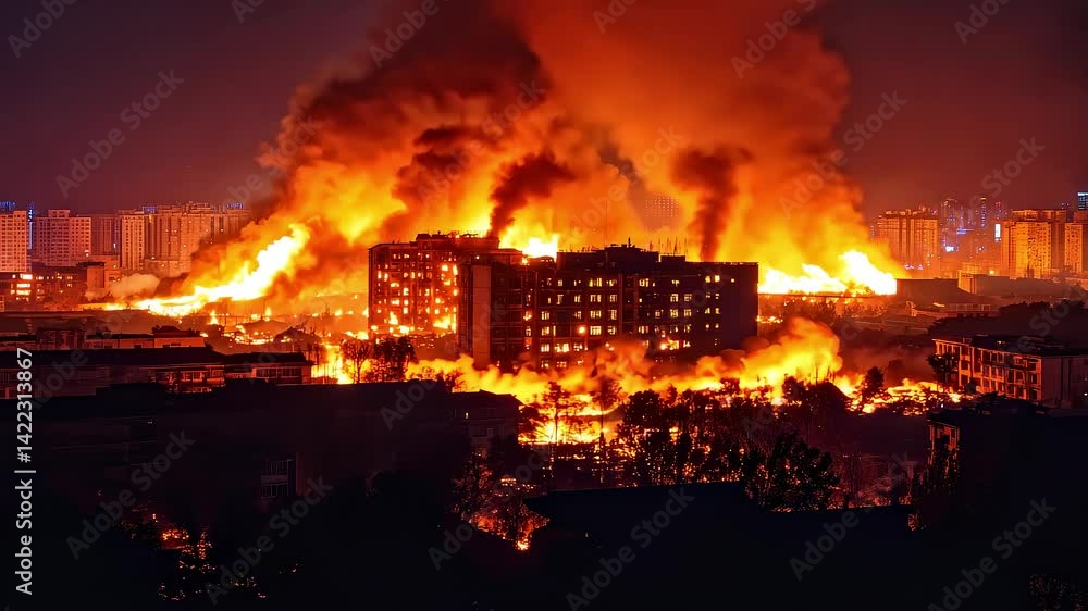 Large-scale Fire in City at Night Large-scale Fire in City at Night