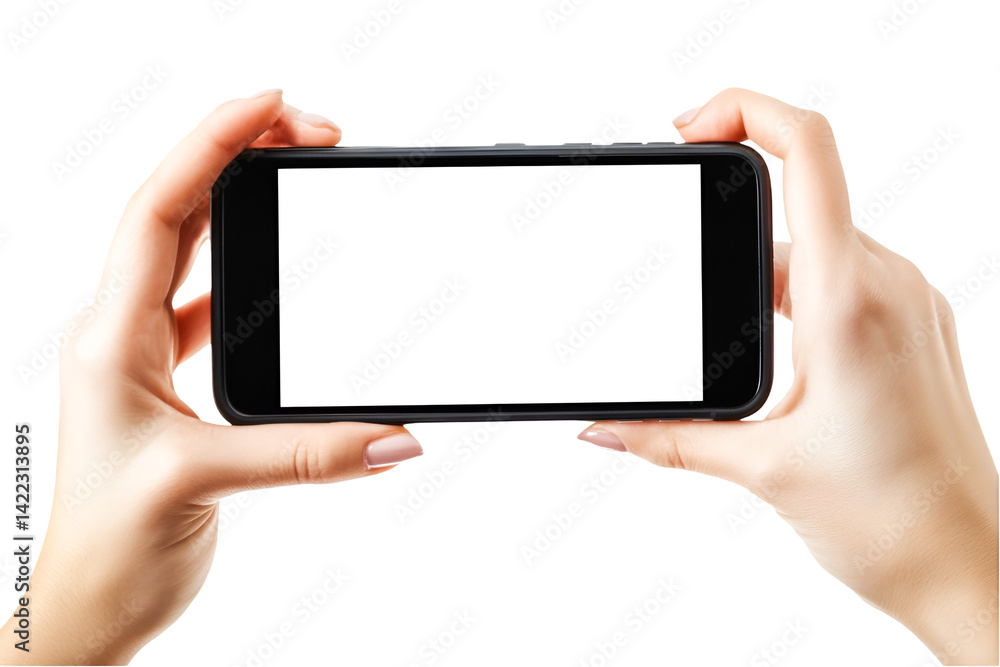 Two hands holding smartphone with blank screen ready to capture moments Two hands holding smartphone with blank screen ready to capture moments