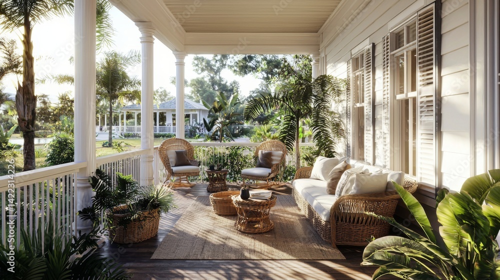 Fototapeta premium Tropical plants enhance the charm of this colonial-style home.