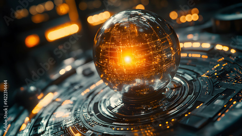 Wallpaper Mural A futuristic image of a glowing sphere embedded within a complex metallic structure. Potential uses include sci-fi movie posters or technology-themed presentations. Torontodigital.ca