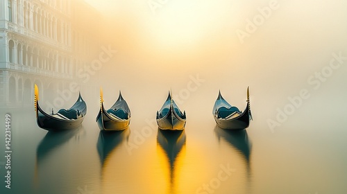   A trio of gondolas rests in a watery expanse with a building in the distance
