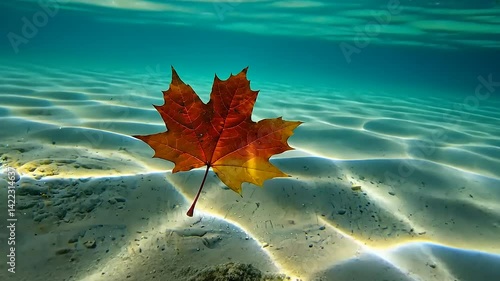 Underwater autumn maple leaf on sandy bottom.