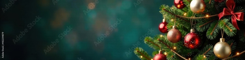 Naklejka premium Ornate Christmas tree with colorful ornaments, festive garland , bow, balls, fir