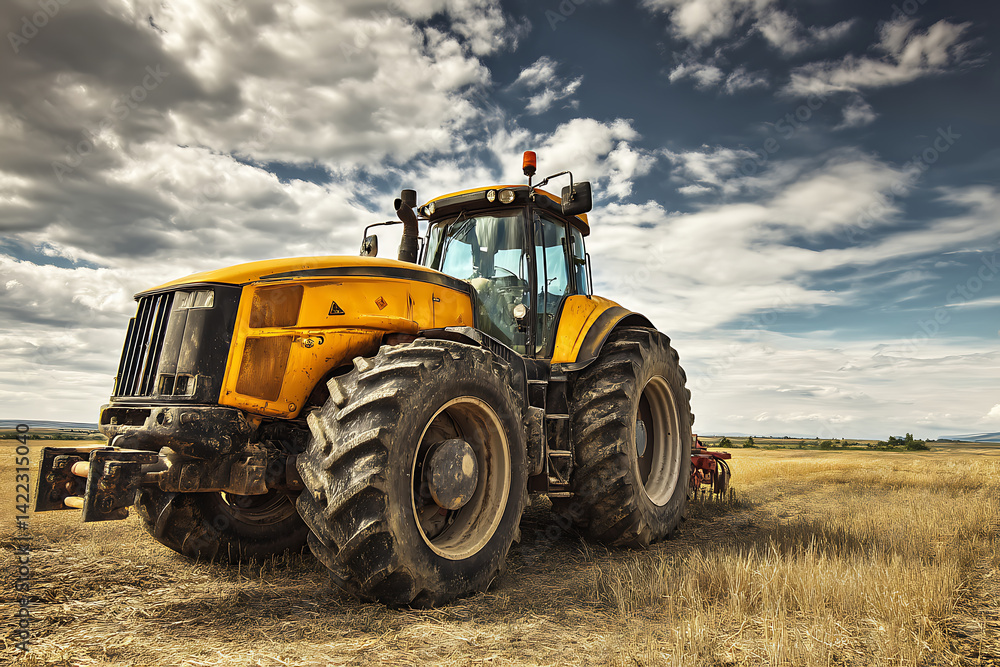 Powerful Yellow Tractor in a Golden Wheat Field under a Dramatic Sky Powerful Yellow Tractor in a Golden Wheat Field under a Dramatic Sky