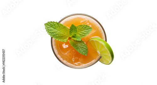 Refreshing cocktail drink with lime and mint overhead shot for summer vibes