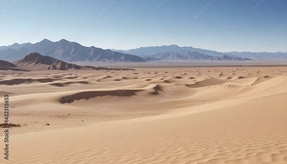 Panoramic view of a majestic desert landscape with sand dunes under a vast blue sky Panoramic view of a majestic desert landscape with sand dunes under a vast blue sky