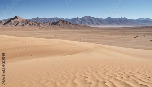 The vast expanse of a desert landscape with sand dunes, mountains, and clear blue sky.