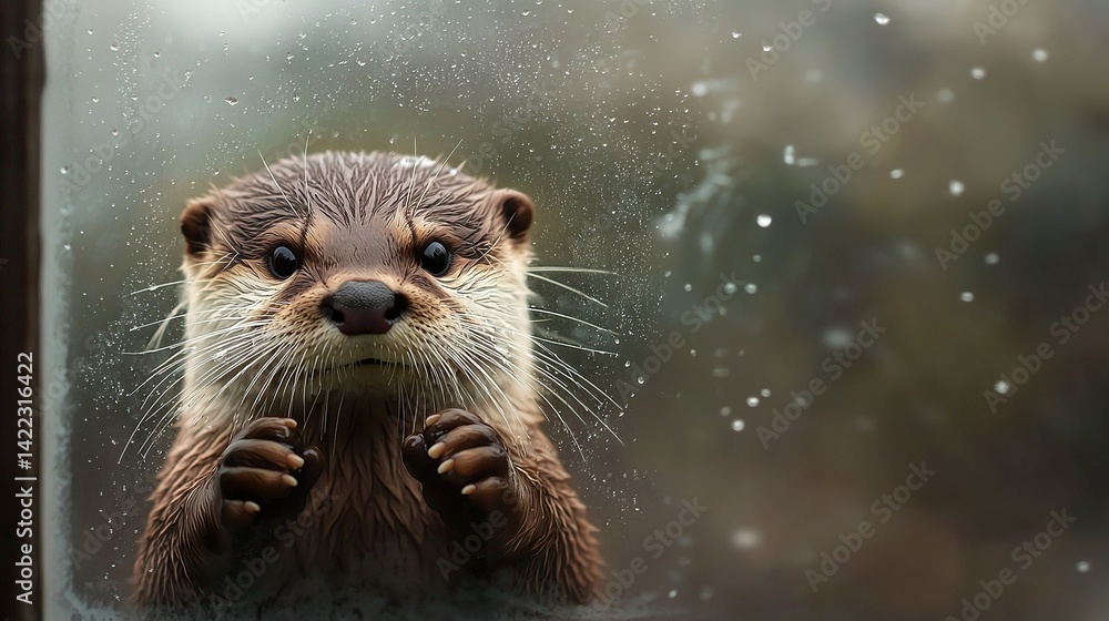 A close-up of a wet otter gazing out the window as raindrops fall, surrounded by tree foliage in the background A close-up of a wet otter gazing out the window as raindrops fall, surrounded by tree foliage in the background