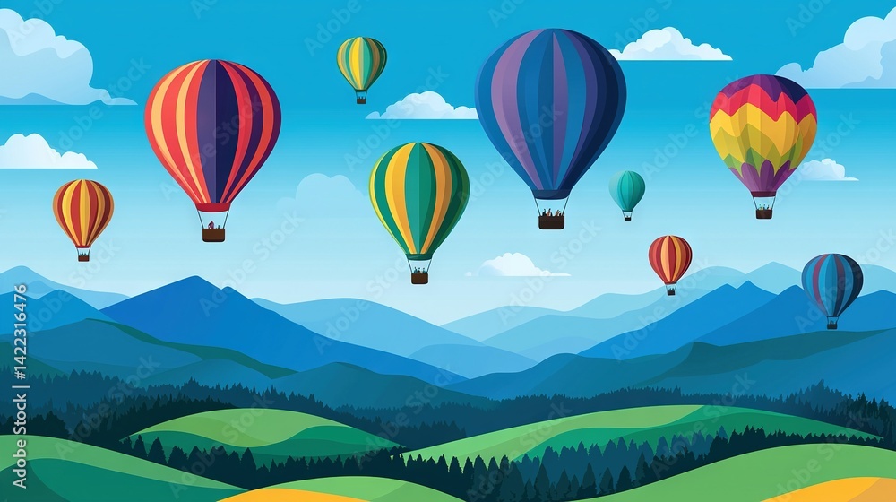Obraz premium A collection of fiery helium spheres gliding through azure skies, surrounded by verdant valleys and towering peaks