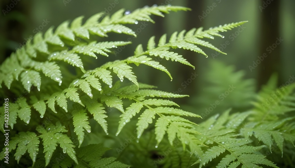 Lush green fern leaves capture the essence of a vibrant forest environment with water drops. Lush green fern leaves capture the essence of a vibrant forest environment with water drops.
