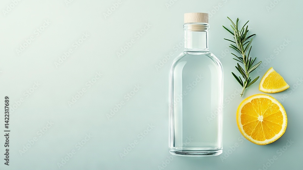 A bottle of water with a sprig of rosemary and an orange slice beside it A bottle of water with a sprig of rosemary and an orange slice beside it