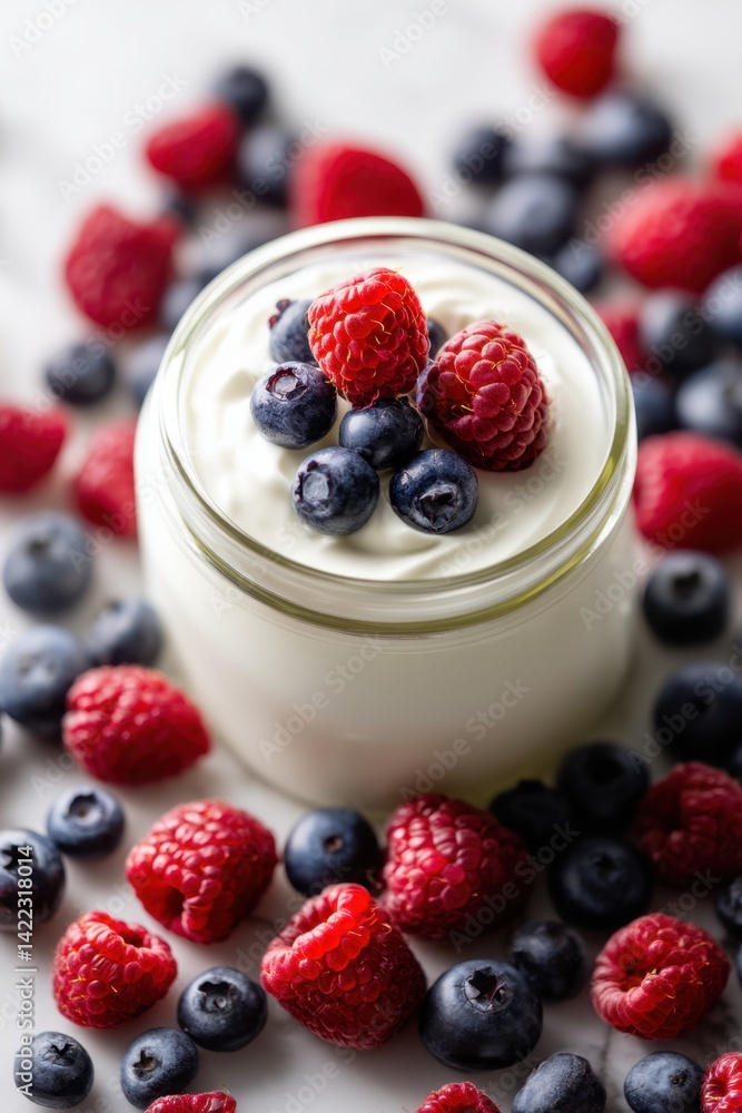 Creamy yogurt delight with fresh raspberries and blueberries in a glass jar on a white marble background healthy eating concept Creamy yogurt delight with fresh raspberries and blueberries in a glass jar on a white marble background healthy eating concept