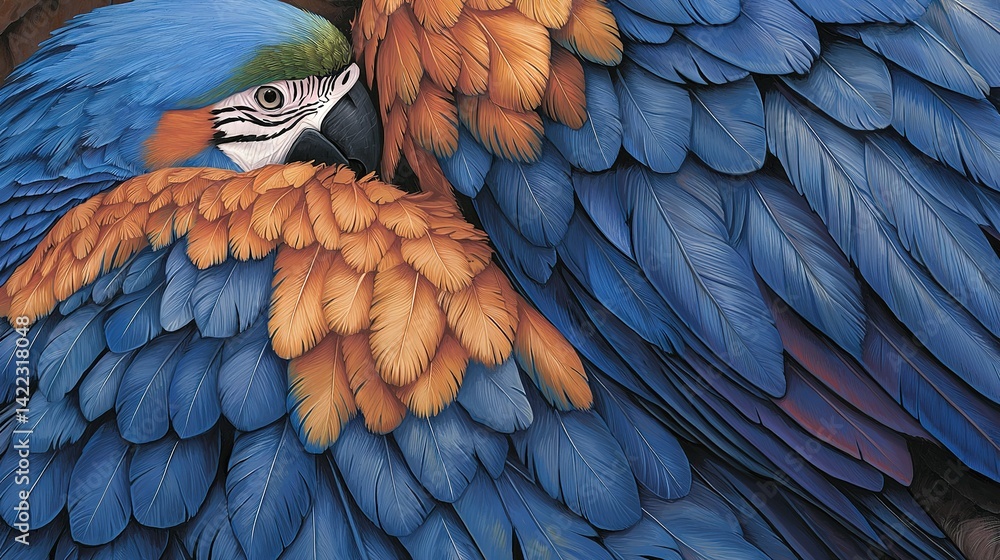 Fototapeta premium Blue-orange bird with spread wings & black-white stripe on chest