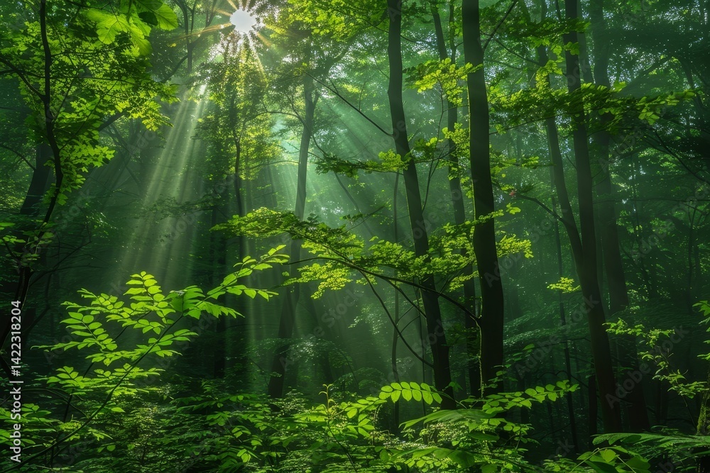 Fototapeta premium Sunlight streams through the dense canopy of a verdant forest, illuminating the lush foliage, An enchanting forest with vibrant green foliage and sunlight streaming through the canopy