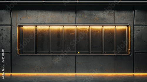 Futuristic industrial wall with dark metallic panels and warm ambient lighting in a sci fi interior setting.
