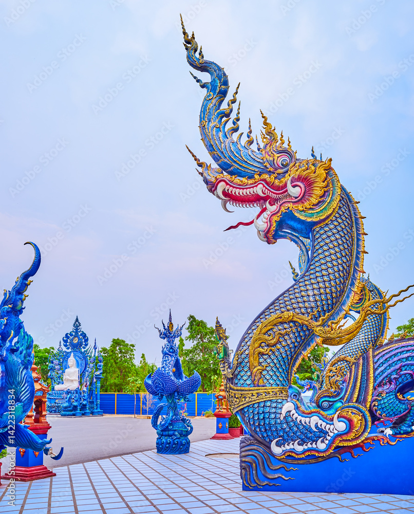 The sculptures of Naga serpents in Blue Temple, Chiang Rai, Thailand