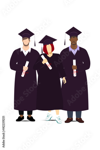  Young graduates in caps and gowns holding diplomas. University friends. Vector Not AI generated