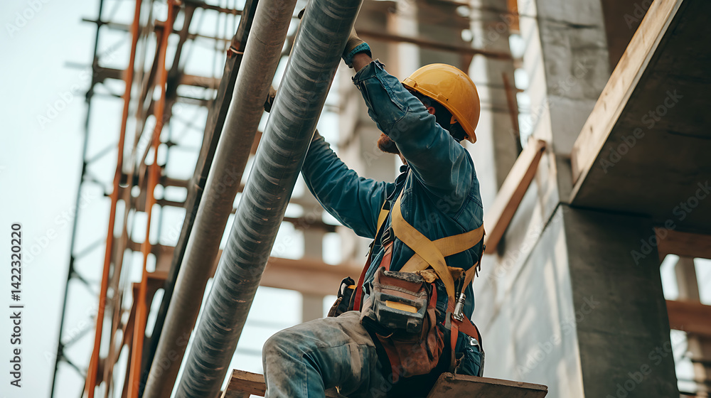 Fototapeta premium Construction Worker Installing Pipes at a Building Site