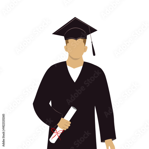 A man who has graduated from college or university  on white background. He is holding his diploma. Vector Not AI generated