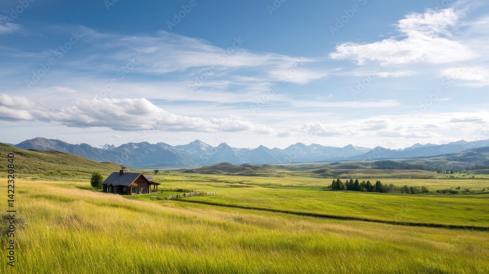 Scenic landscape featuring a rustic cabin in a vast green field under a blue sky