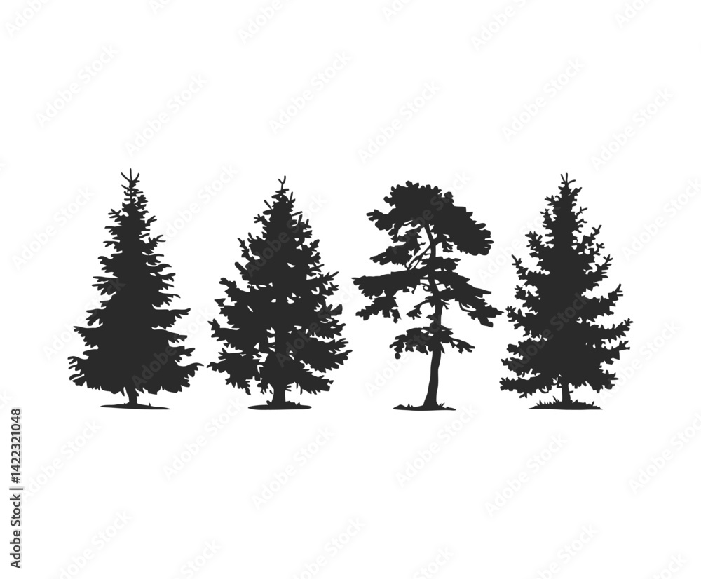 Obraz premium Black Cedar Tree Silhouette Template on White Background